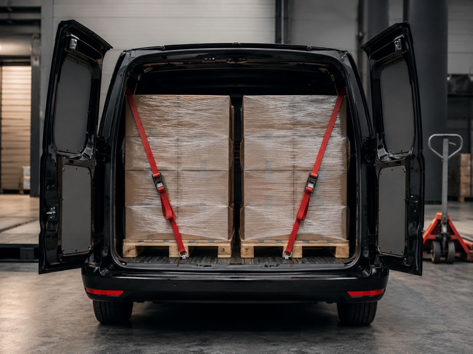 Laderaum des schwarzen VW Caddy mit zwei gesicherten Europaletten